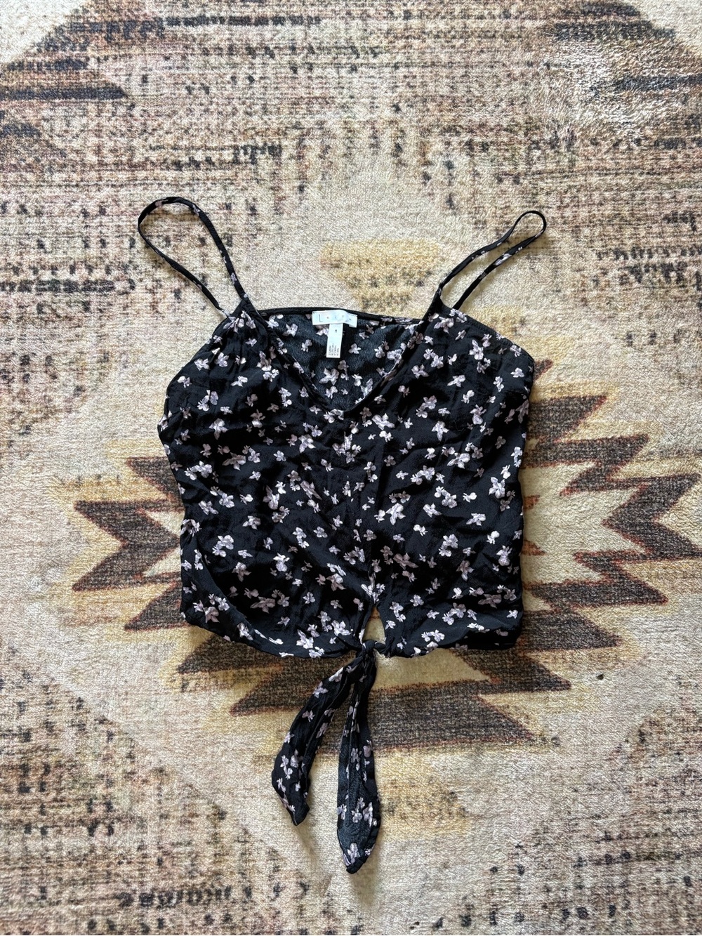 Leith Black Floral Tie-Front Tank Top Size Medium